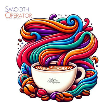 A vibrant, artistic image features a cup of Smooth Operator Mixed Roast Blend | Low Acid Coffee with colorful swirling steam and coffee beans, plus “Smooth Operator” text—perfect for low acid coffee lovers.